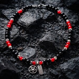 Glass Beads Pentagram Protected 19" Charm Necklace Choker Gothic Witchy